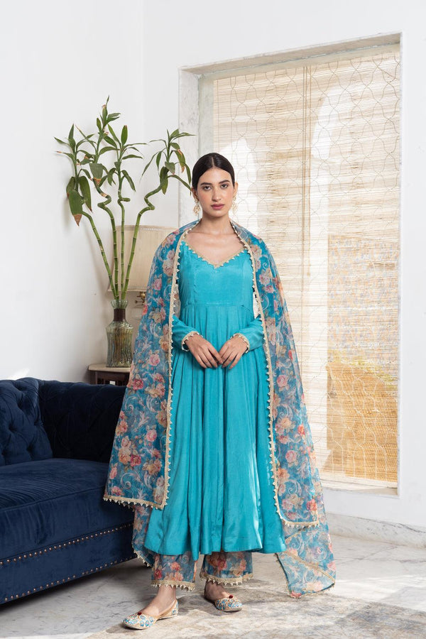 Khwabidah Turquoise Anarkali with floral dupatta Set of 3 - Indiakreations