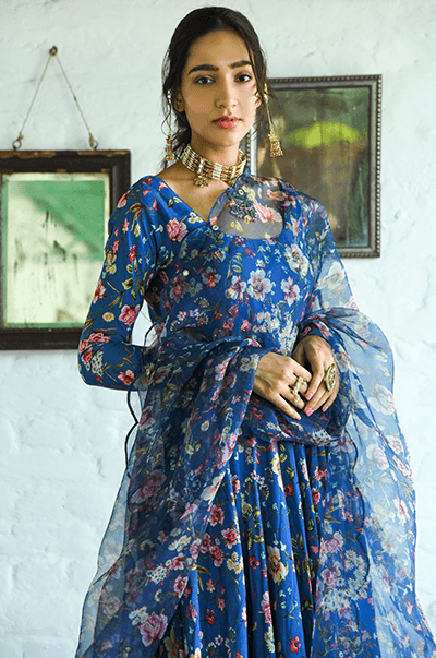 Bhanvara Persian Blue printed Anarkali with chooridar and dupatta - set of 3 RTS - Indiakreations