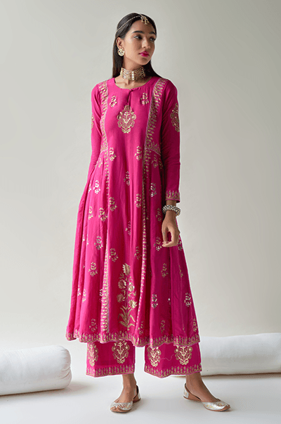 Chaand Rani Foil Rani pink Anarkali with palazzo and Dupatta - Set of 3 - Indiakreations