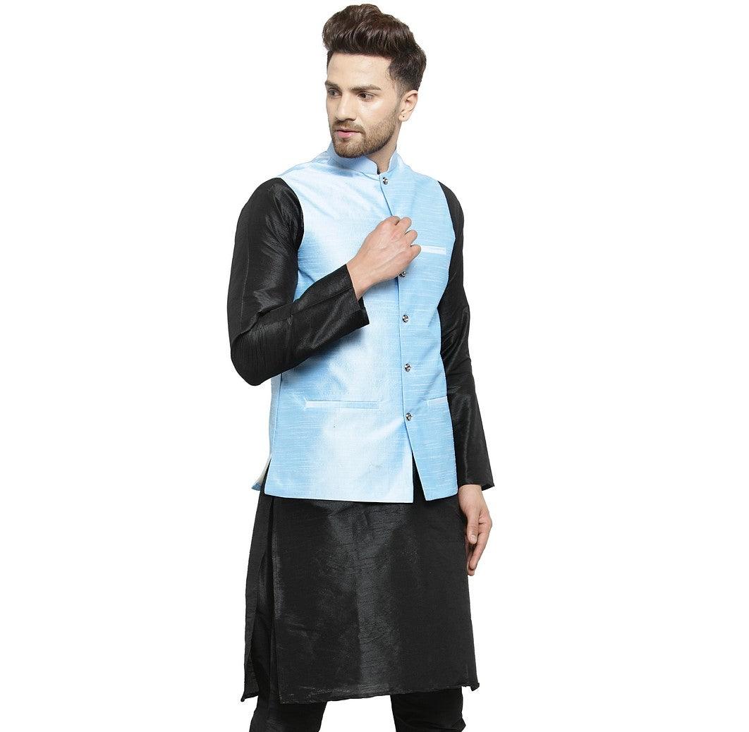 Men's Sky Blue Solid Nehru Jacket - Benstoke - Indiakreations