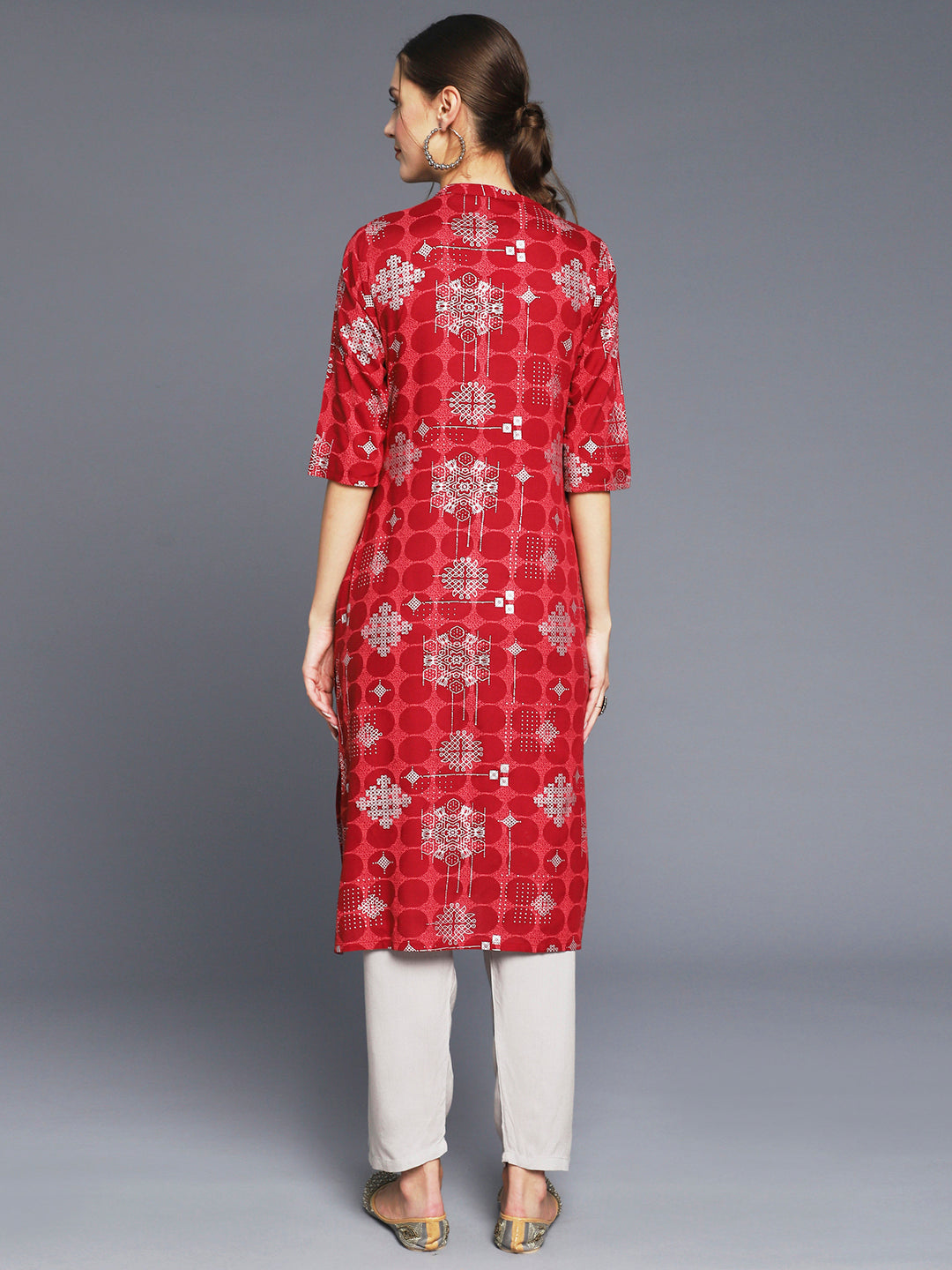 Women's Red Ethnic Motifs Printed Kurta - Anubhutee