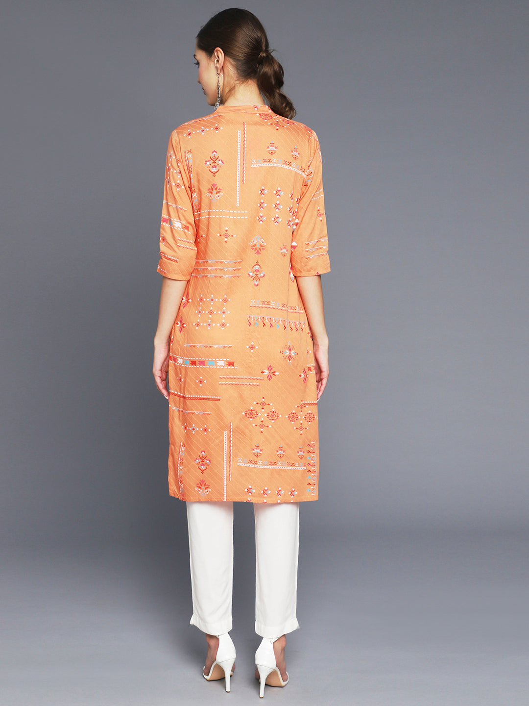 Women's Orange Floral Printed Gotta Patti Kurta - Anubhutee