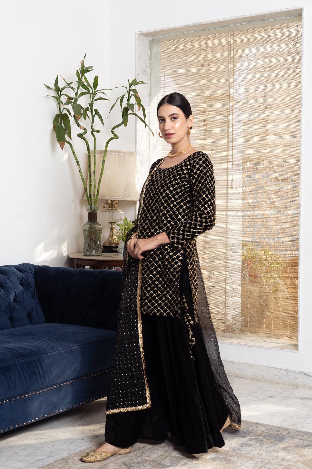 Khwabidah Black Sharara Set of 3 - Indiakreations