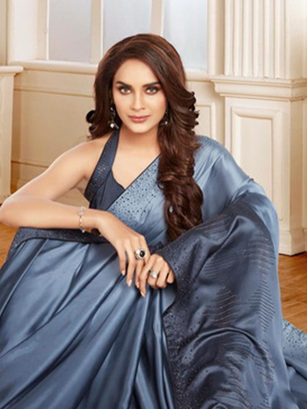 Navy Blue Ombre Designer Crepe Saree With Blouse