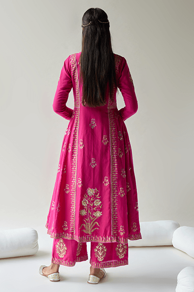 Chaand Rani Foil Rani pink Anarkali with palazzo and Dupatta - Set of 3 - Indiakreations