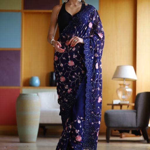 Excellent Georgette Festive Look Saree In Purple - Indiakreations