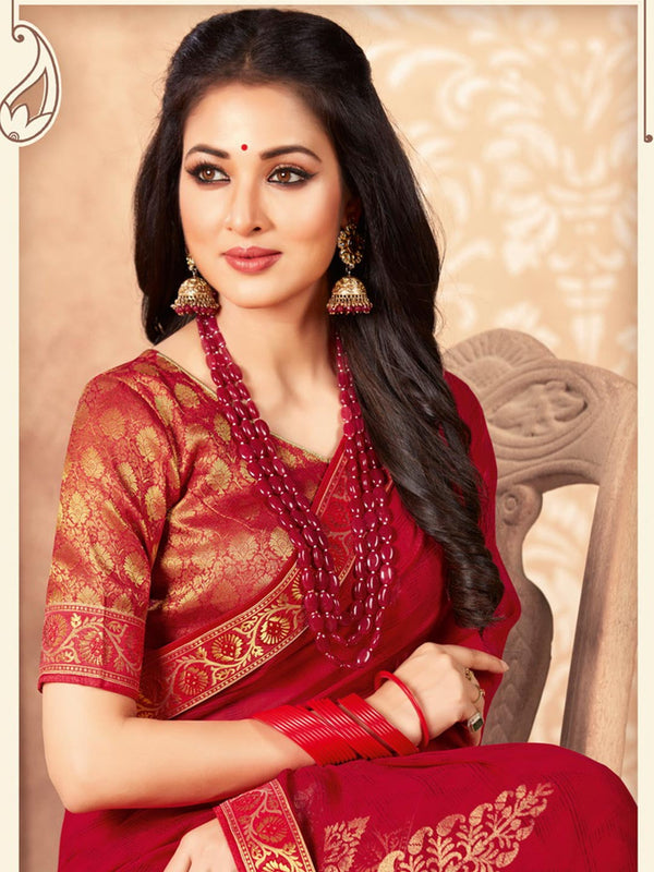 Red Exquisite Chiffon Designer Saree With Minimal Golden Border