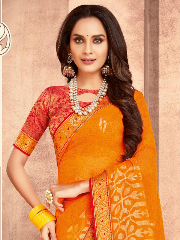 Rich Orange Chiffon Saree With Golden Print & Heavy Border