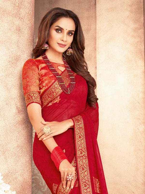 Red Exquisite Chiffon Designer Saree With Minimal Golden Border