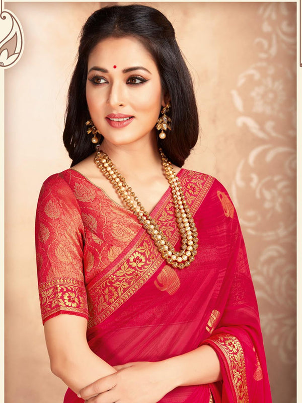 Bright Pink Classic Chiffon Saree With Minimal Golden Border