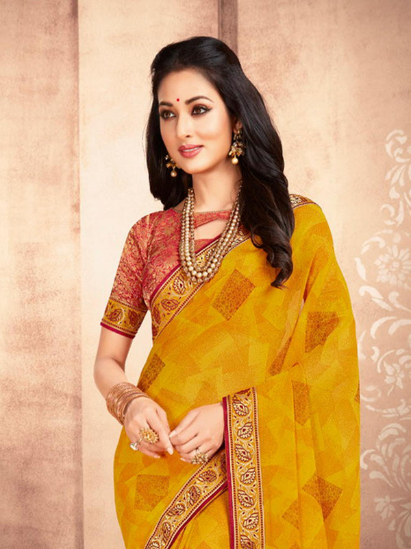 Sunflower Yellow Refined Chiffon Printed Saree With Blouse