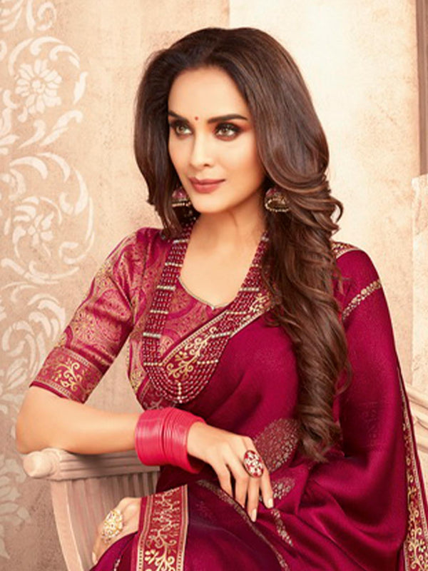 Elegant Crimson Chiffon Designer Saree For Women With Blouse