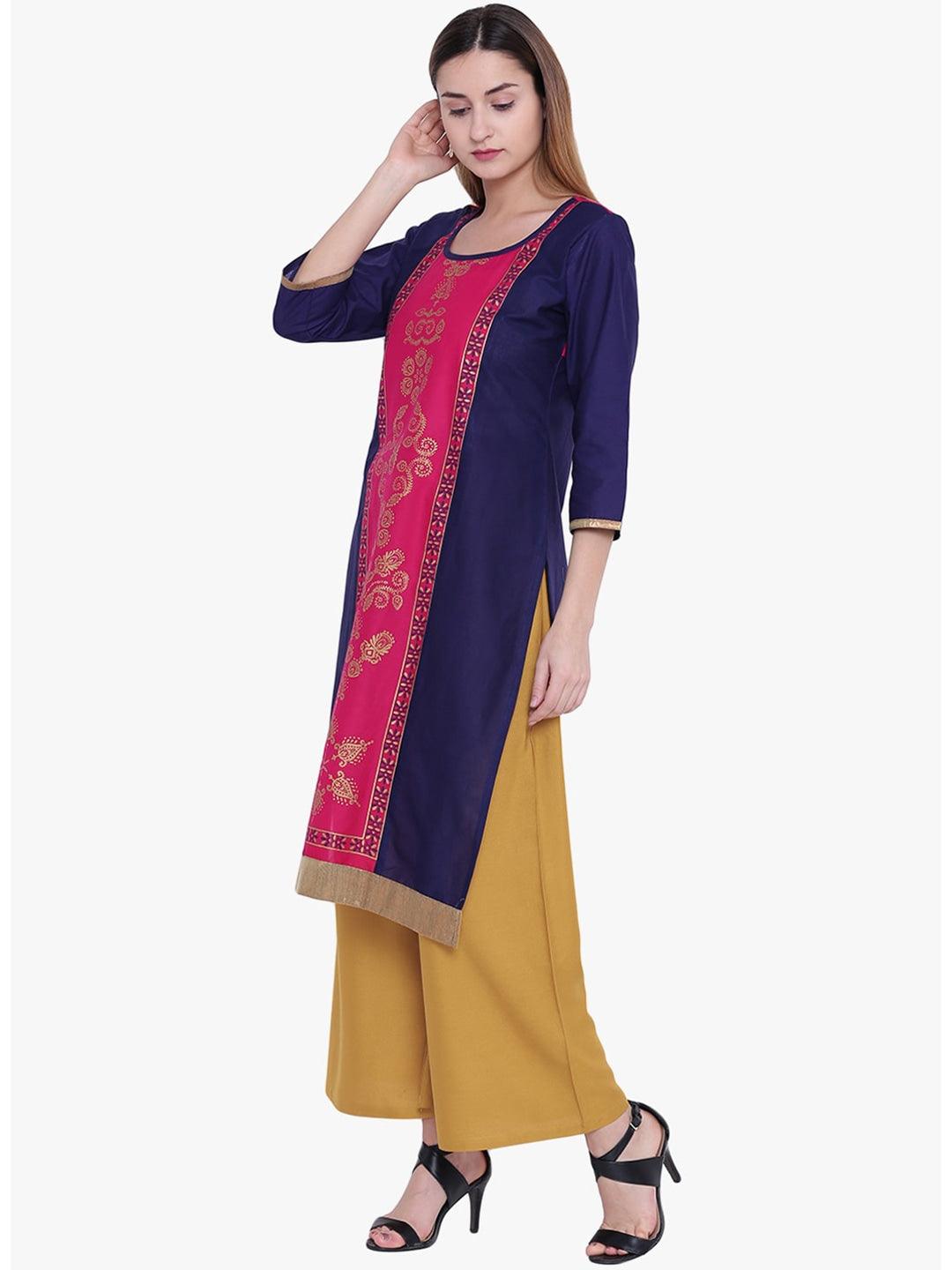 Women's Navy Blue & Pink Ethnic Motifs Printed Panelled Straight Kurta - NOZ2TOZ - Indiakreations