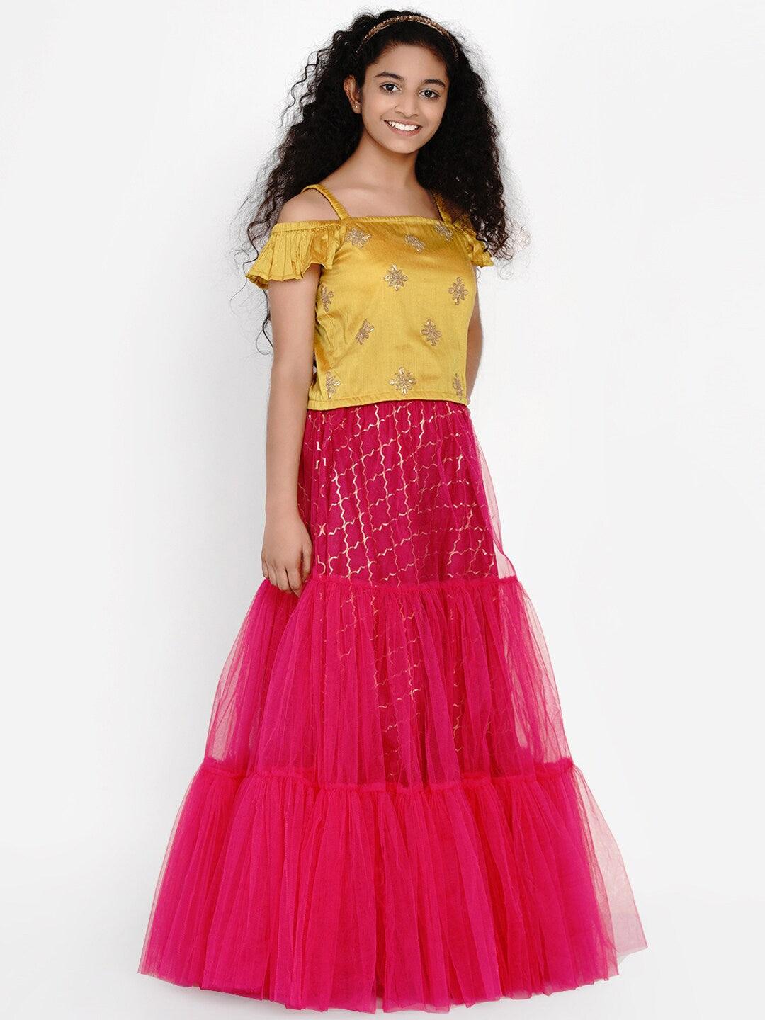 Girl's Mustard & Fuchsia Embroidered Ready to Wear Lehenga Choli - NOZ2TOZ KIDS - Indiakreations