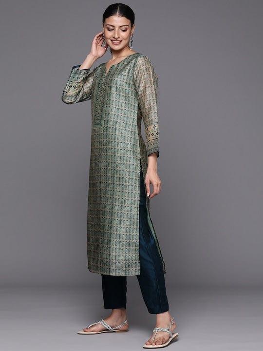 Varanga Ethnic Motifs Printed Chanderi Silk Kurta with Trousers & With Dupatta - Indiakreations