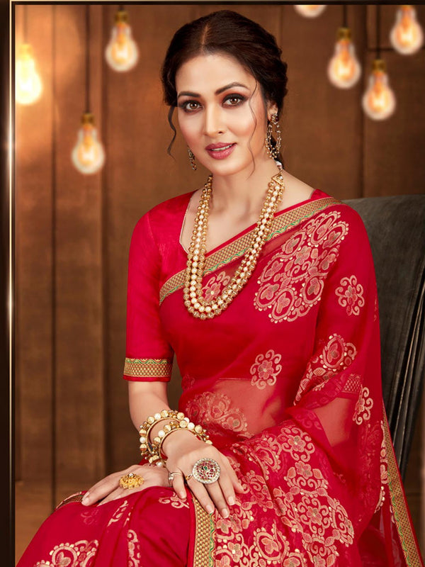 Heavily Embellished With Golden Print, Rich Scarlet Chiffon Saree