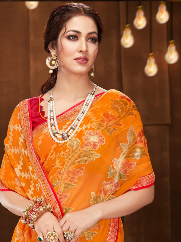 Royal Orange Chiffon Printed Designer Saree For Women