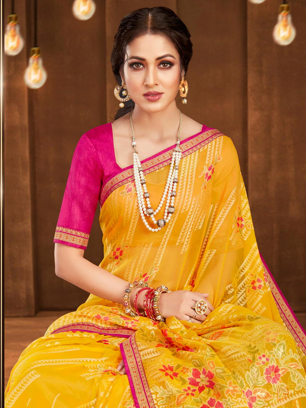 Yellow & Pink Classic Floral Print Chiffon Saree With Blouse