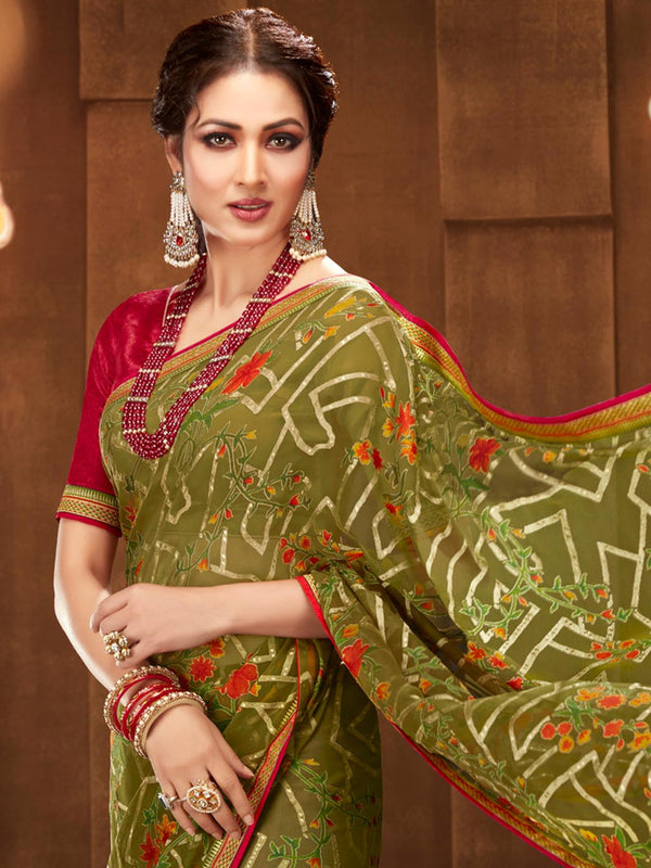 Olive Green Abstract + Floral Print Chiffon Designer Saree With Pink Blouse