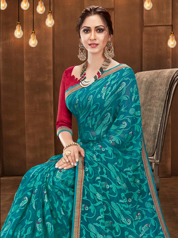 Blue Self Printed Elegant Chiffon Saree With Pink Blouse