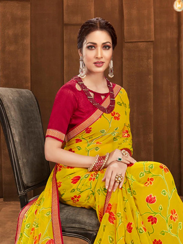 Yellow & Pink Color Coordinated Floral Print Chiffon Saree