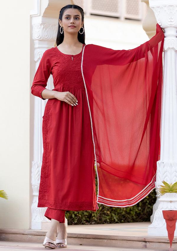 Red Cotton Lucknow Chikankari Suit Set - Indiakreations