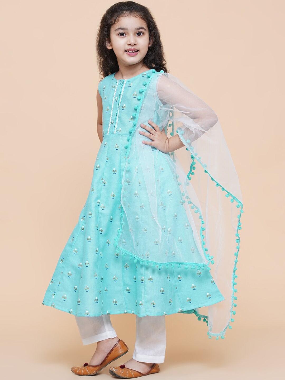 Girl's Blue Floral Printed Empire Kurta with Trousers & With Dupatta - NOZ2TOZ KIDS - Indiakreations