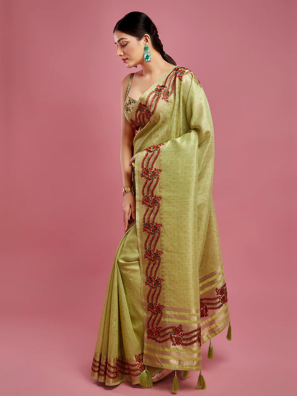 Alluring Olive Green Cotton Silk Saree