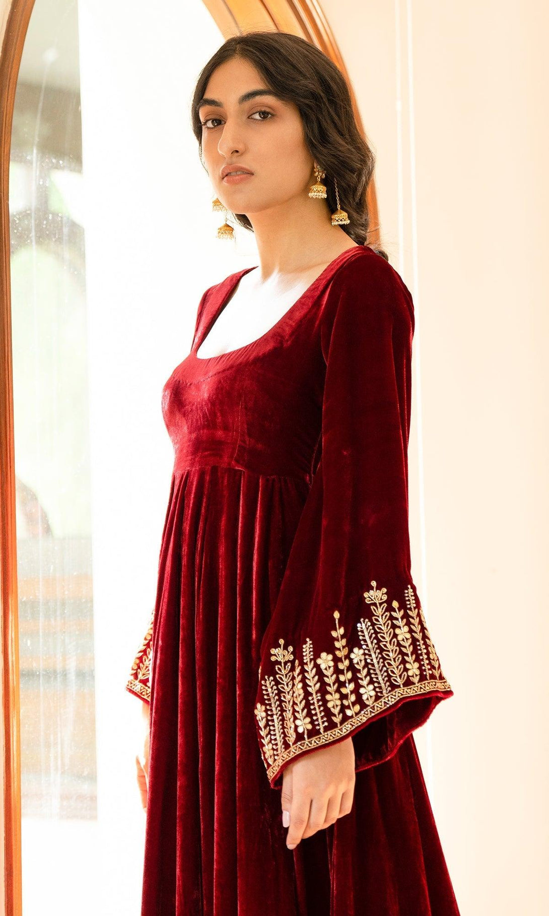 Bareen Embroidered - Red Velvet Anarkali With Palazzo And Organza velvet Dupatta - Set of 3 - RTS - Indiakreations