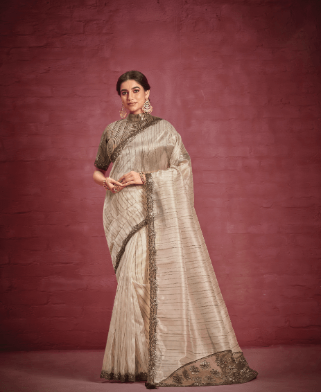 Gorgeous Stripe Printed Trendy Saree In Beige Colour - Indiakreations