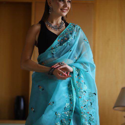 Fancy Embroidery Organza Saree in Sky Blue - Indiakreations