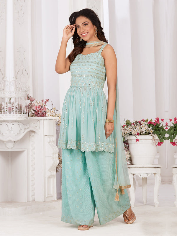 Appealing Sky Blue Georgette Kurti-Palazzo Set By Suvidha