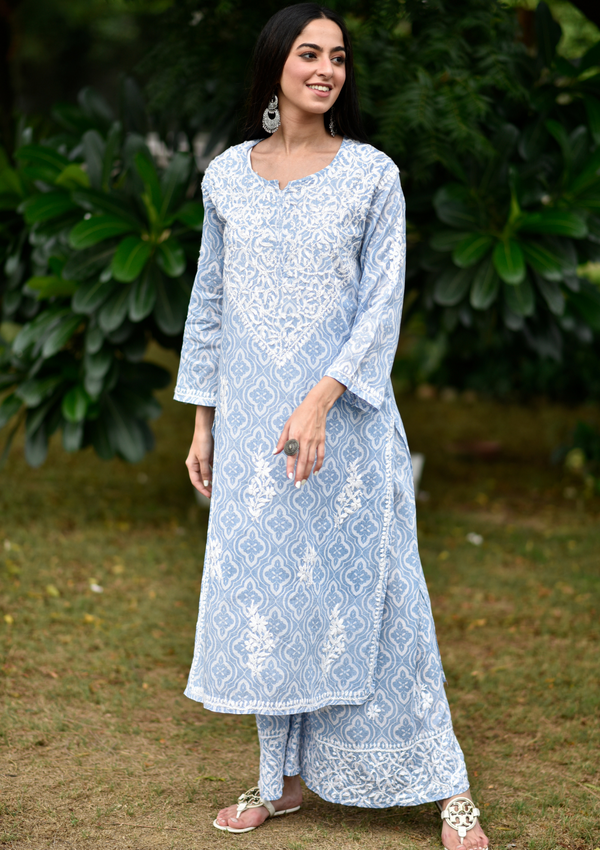 Adara Mulmul Straight Kurta Palazzo Set in Blue Colour.