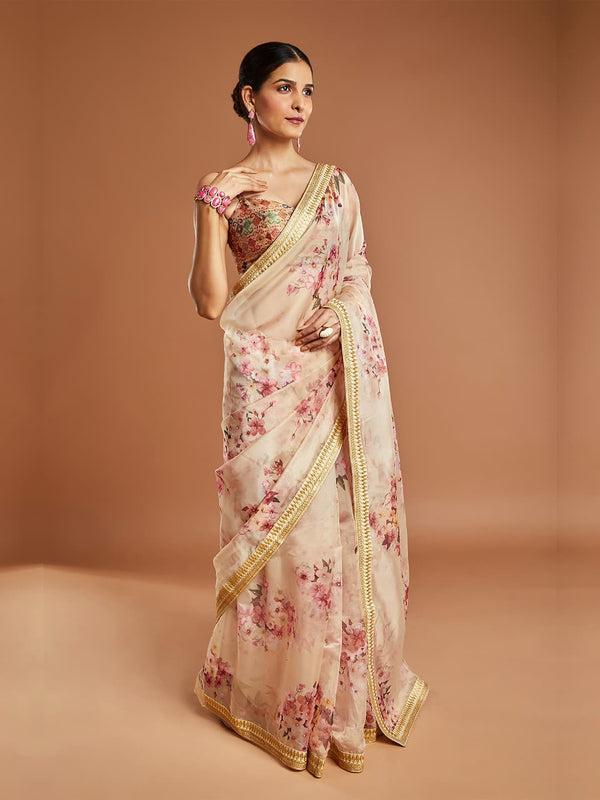 Beige And Multi-Color Floral Prints Tissue Saree