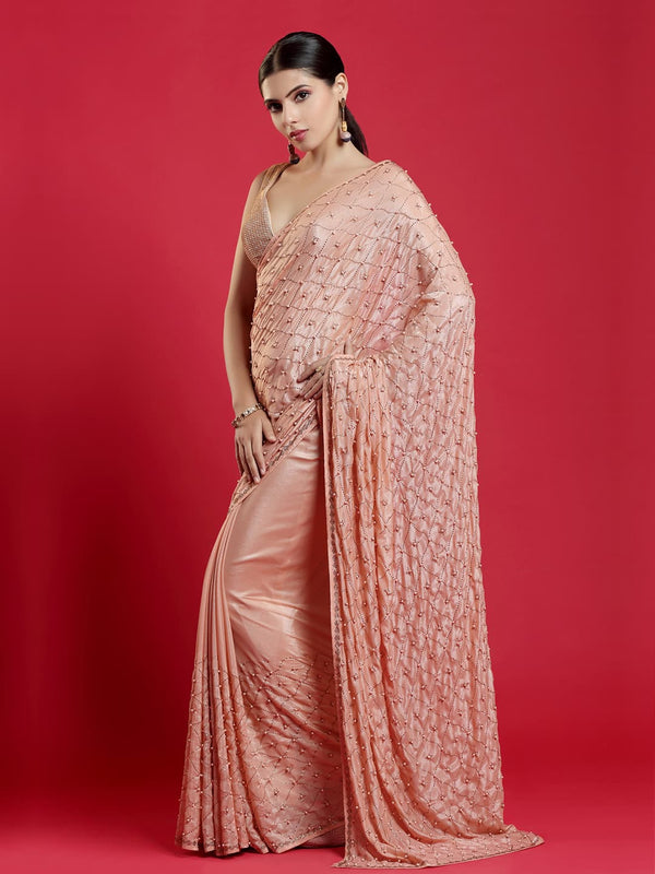 Glamours Peach Crepe Saree with Heavy Pearl Work