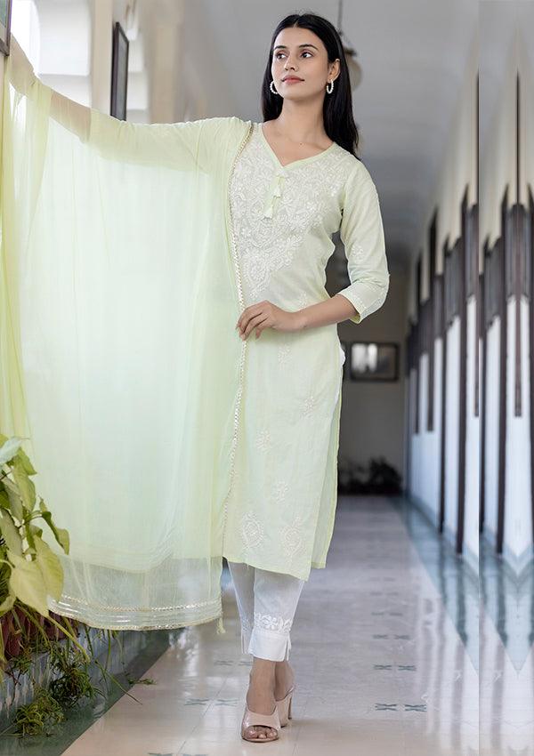 Light Green Cotton Lucknow Embroidery Chikankari Suit Set - Indiakreations