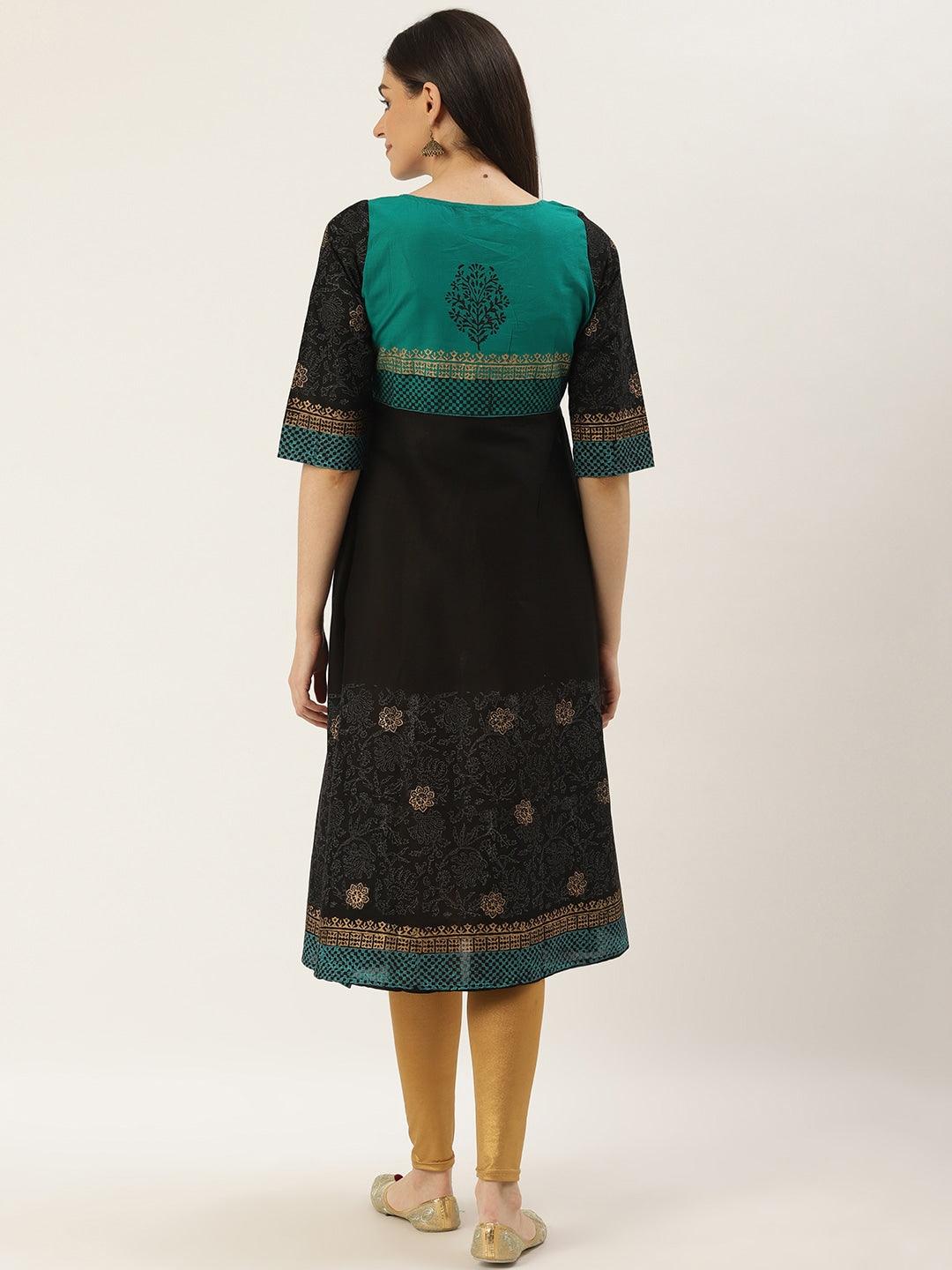 Women's Black & Green Block Print A-Line Kurta - Wahe-Noor - Indiakreations