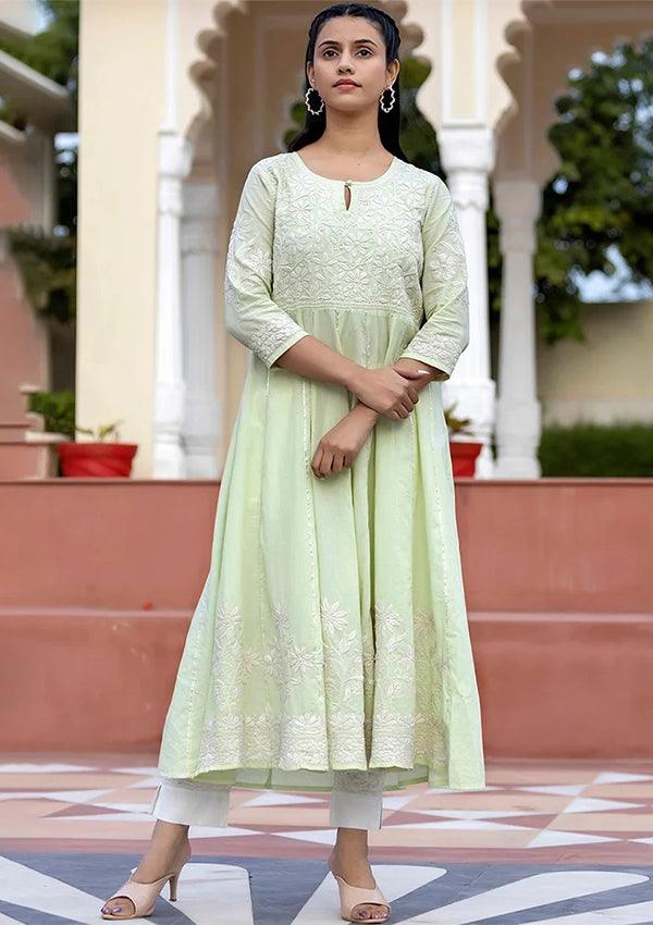 Green Hand Embroidered Chikankari Anarkali Kurta Pant Set - Indiakreations