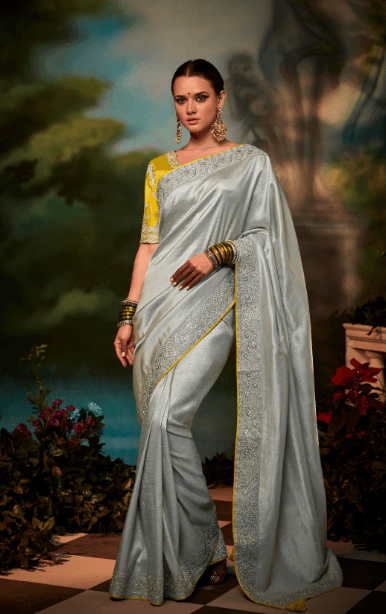 Trendy Designer Silk Embroidery Saree In Silver - Indiakreations