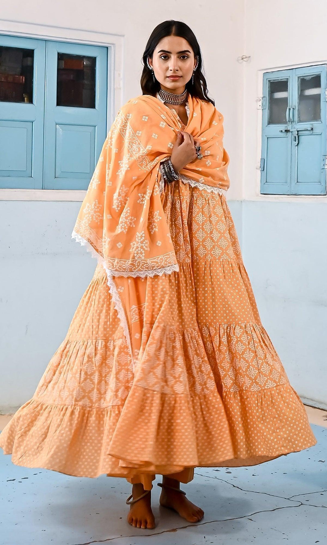 Zahrah 2.0 Orange gather anarkali set - set of 3 - Indiakreations