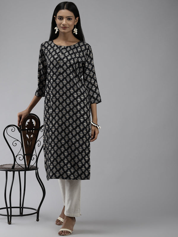 Women's Black & Grey Ethnic Printed Kurta With Foil Print - Yufta