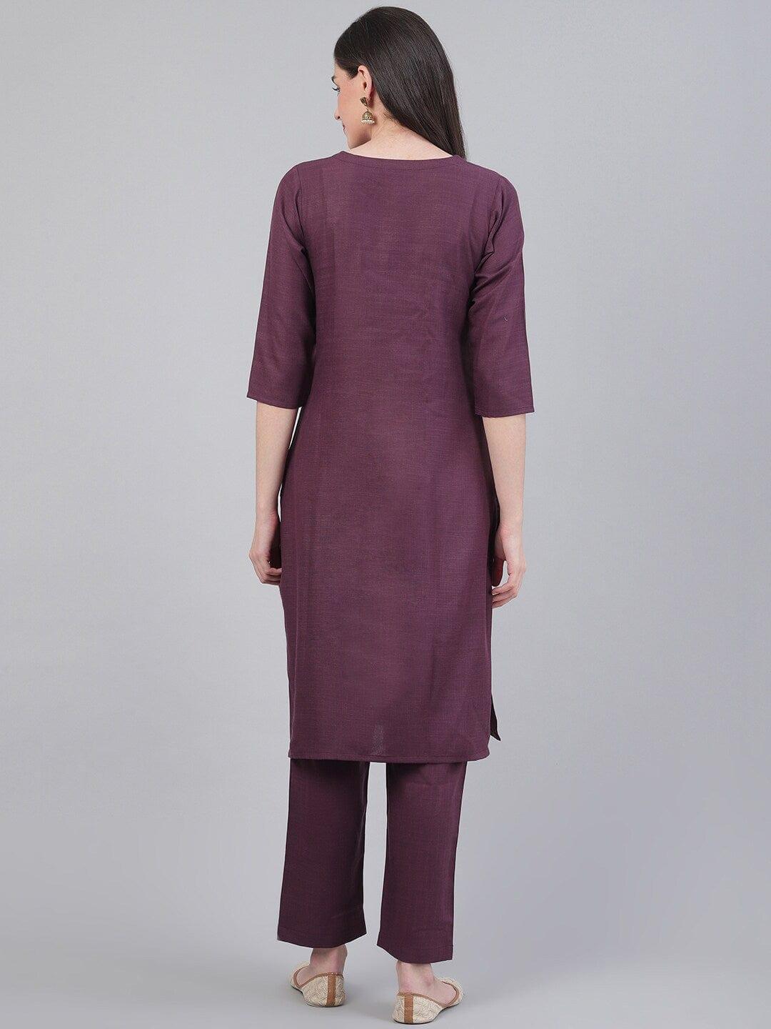 KSUT Aubergine Yoke Design Kurta with Trousers - Indiakreations