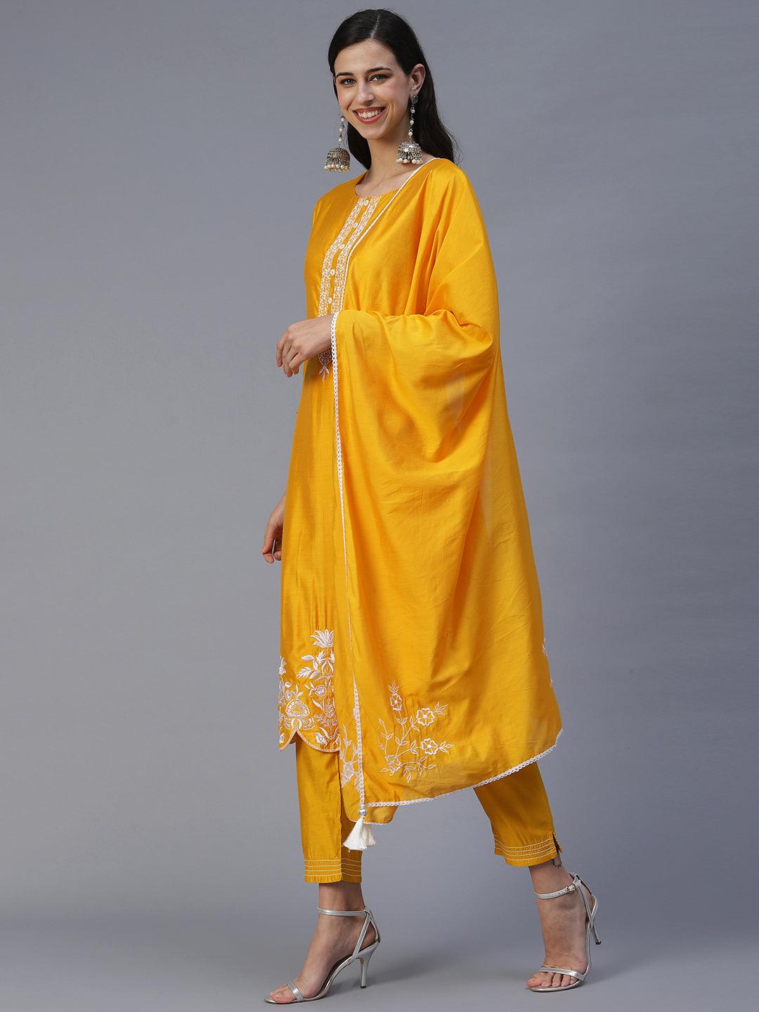 Solid Floral Embroidered Straight Fit Kurta with Pant & Dupatta - Yellow - Indiakreations