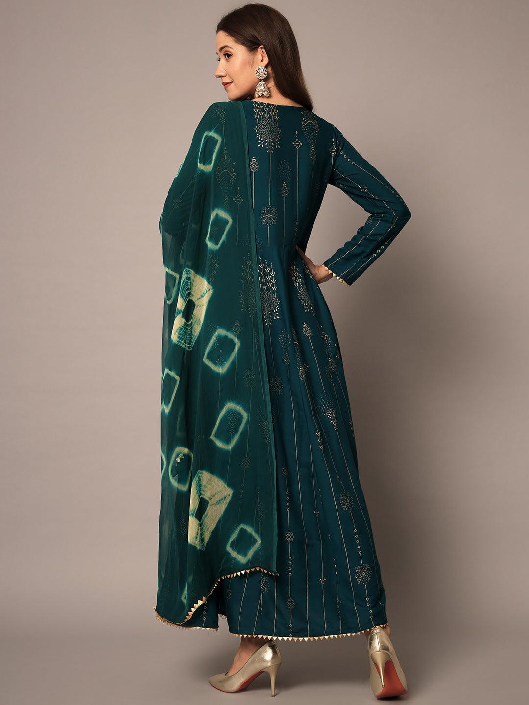 Women's & Bottle Green Ethnic Motifs Maxi Dress - Meeranshi - Indiakreations