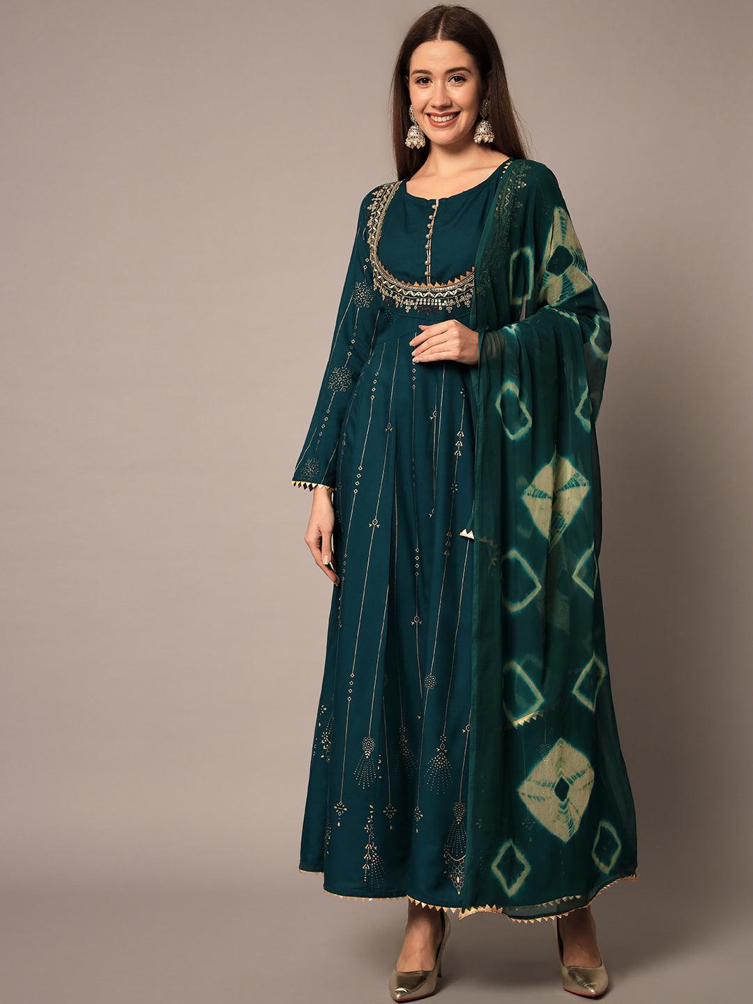 Women's & Bottle Green Ethnic Motifs Maxi Dress - Meeranshi - Indiakreations