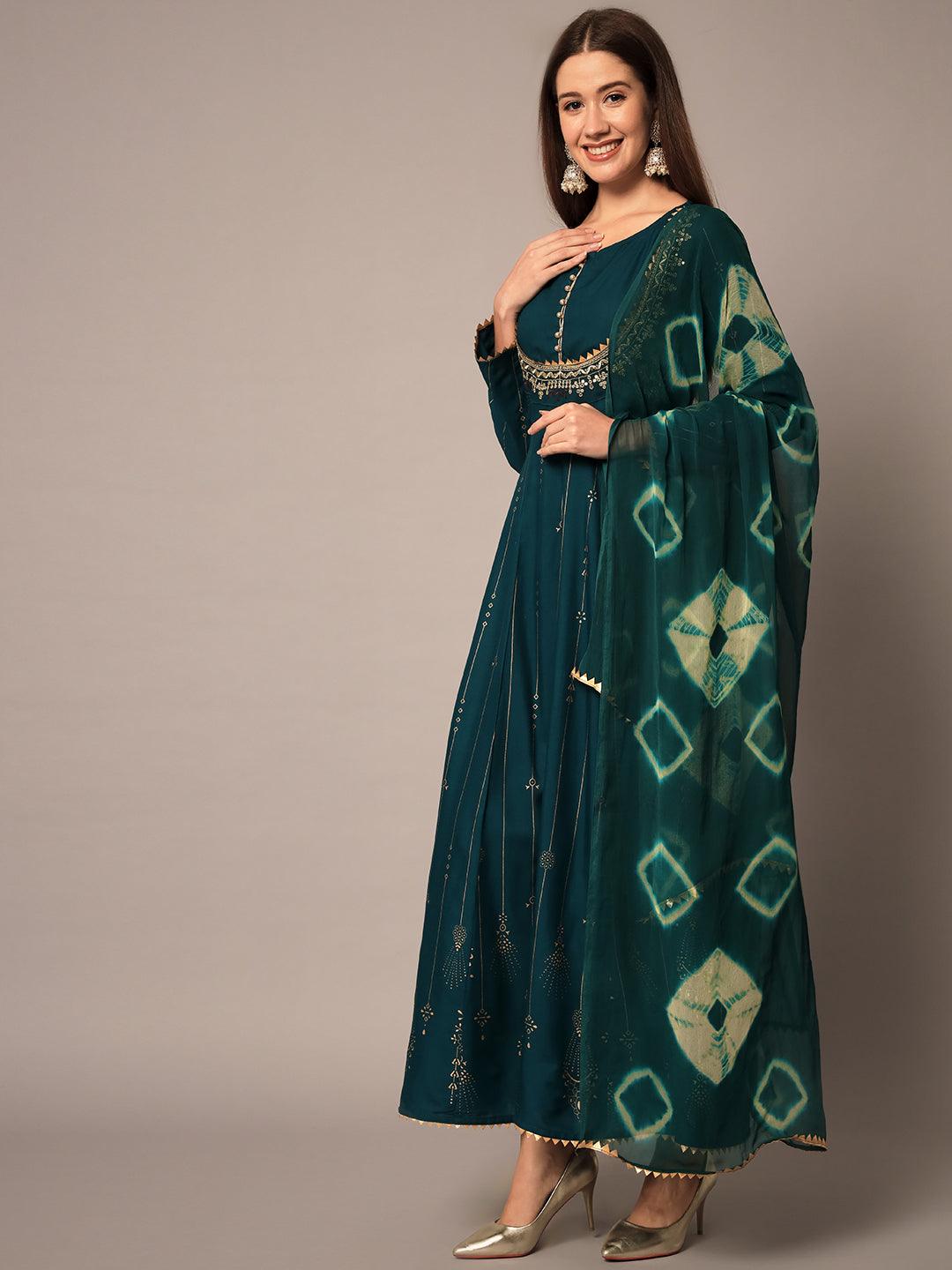 Women's & Bottle Green Ethnic Motifs Maxi Dress - Meeranshi - Indiakreations