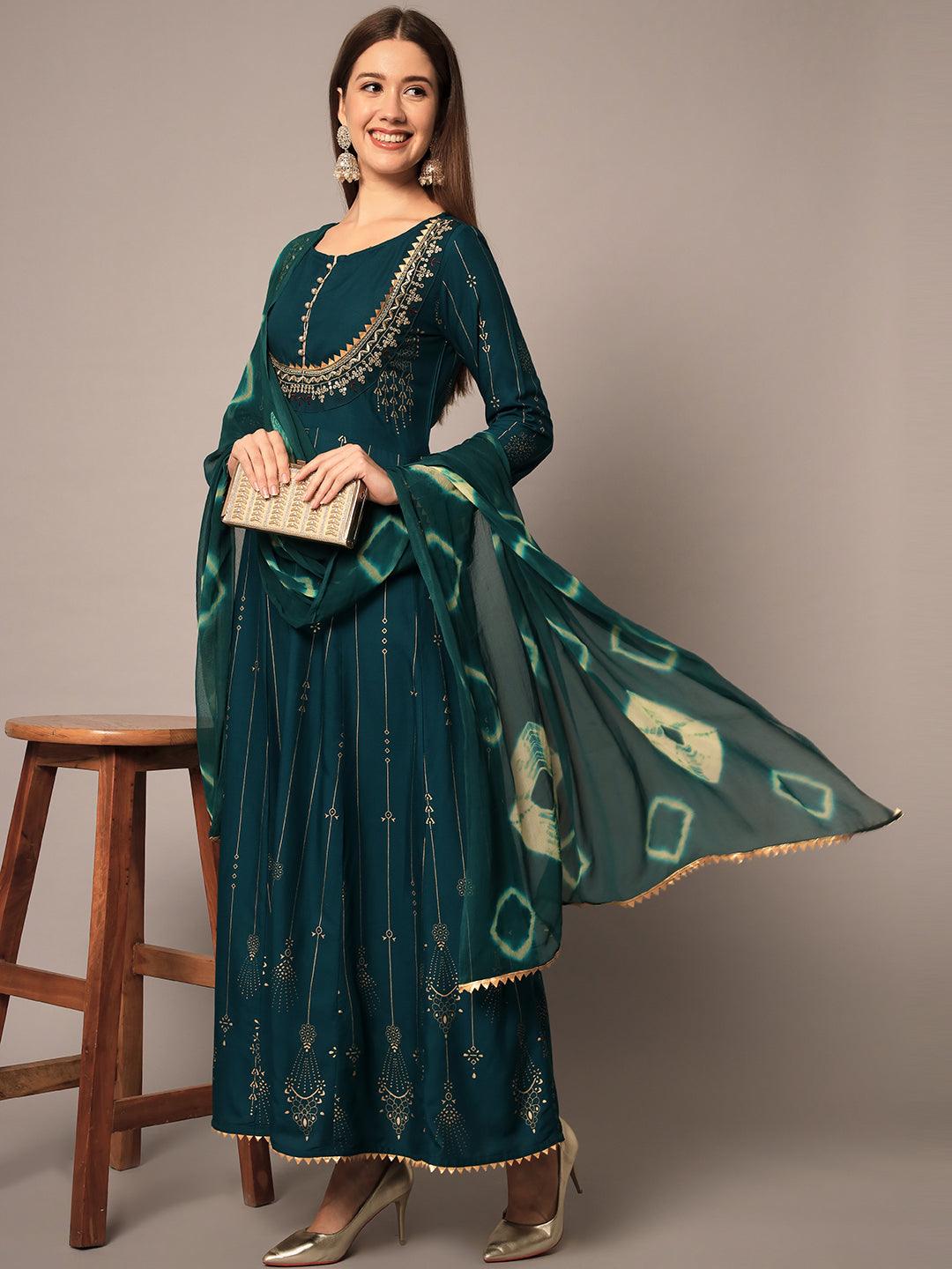 Women's & Bottle Green Ethnic Motifs Maxi Dress - Meeranshi - Indiakreations