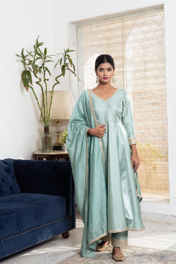 Khwabidah Pista Green Silk Anarkali Set of 3 - Indiakreations