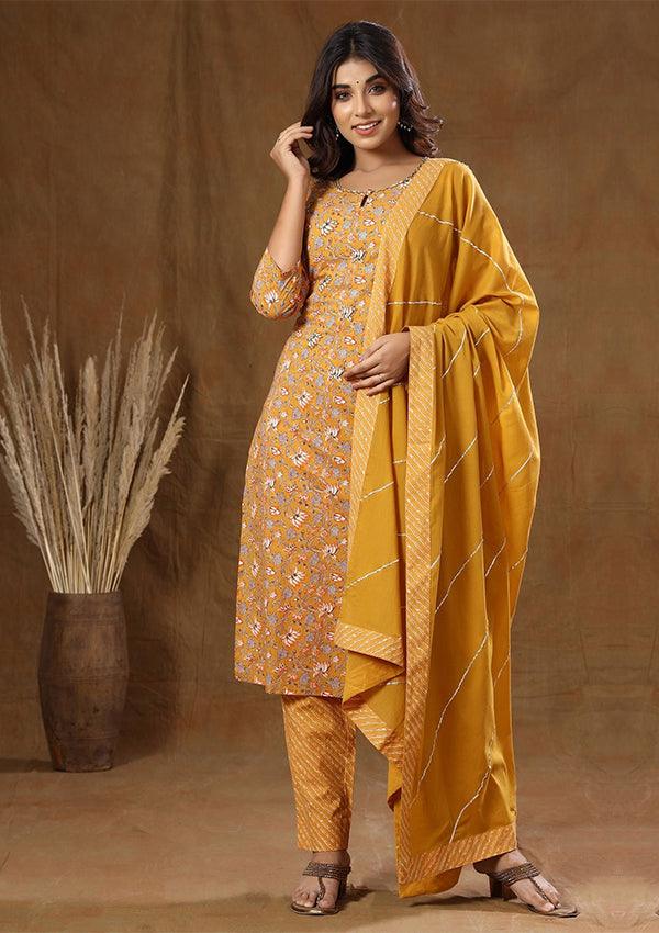 Mustard Floral Print Suit Set - Indiakreations