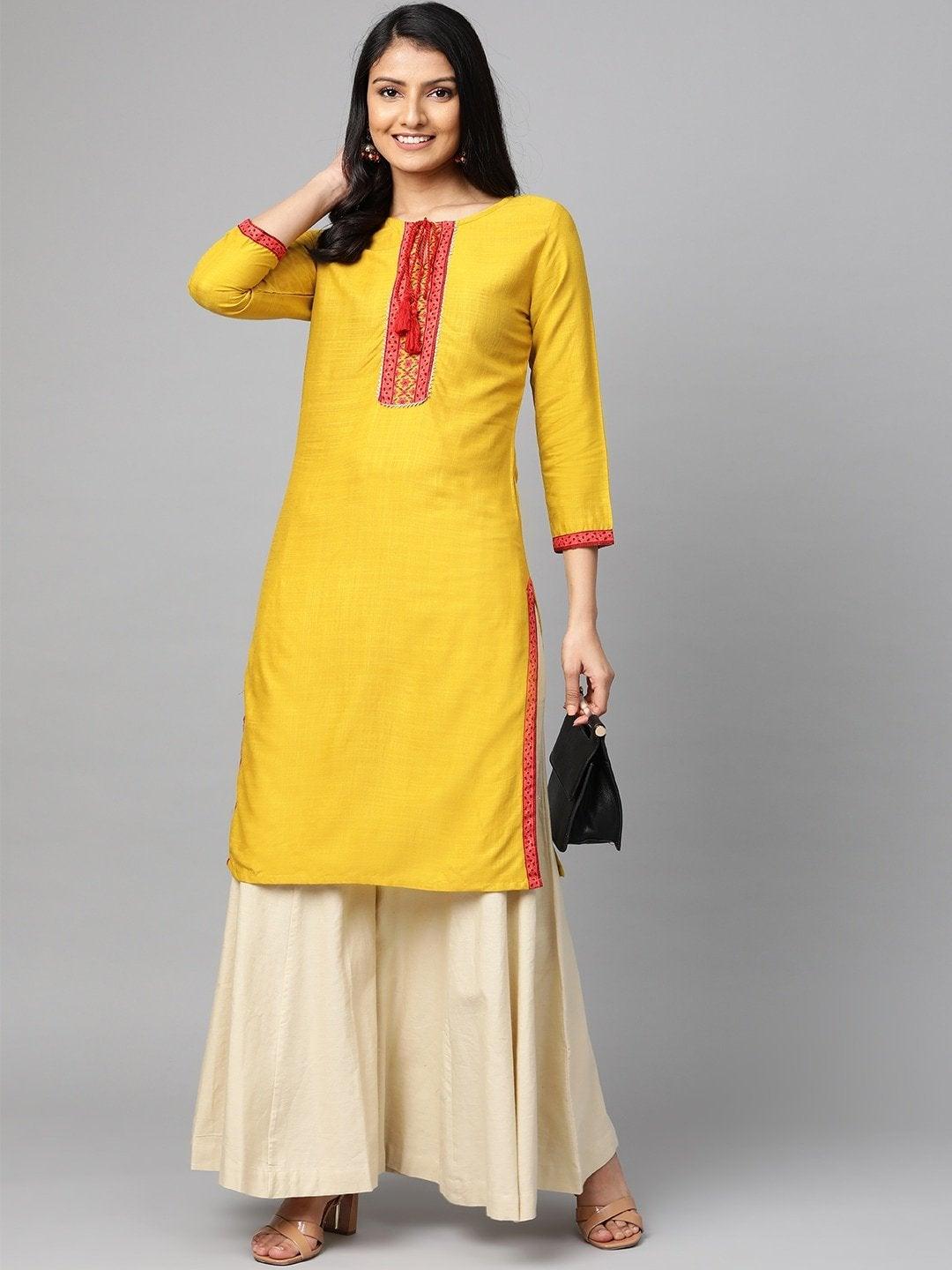 Women's Mustard Yellow & Pink Yoke Design Straight Kurta - Meeranshi - Indiakreations